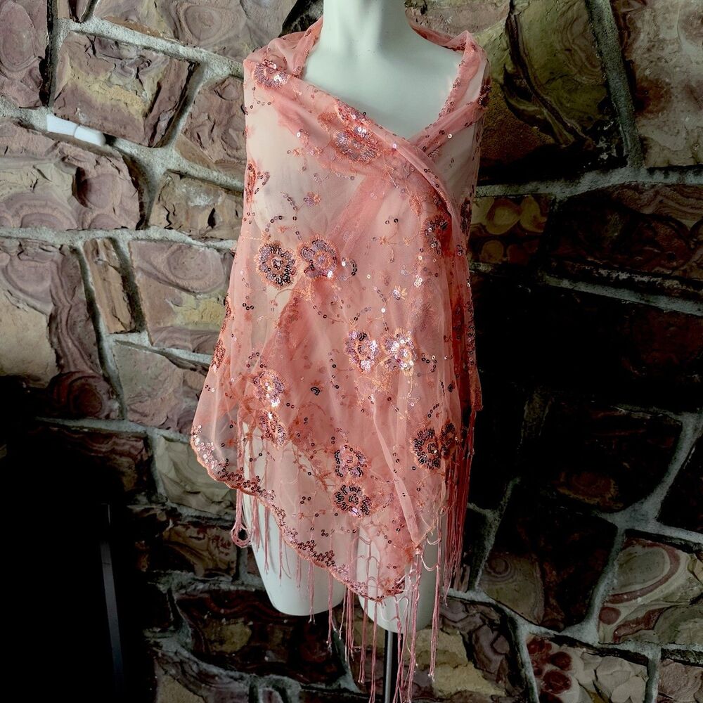 Shawl embellisments metallic fringe tassels pink delicate coral Y2k style